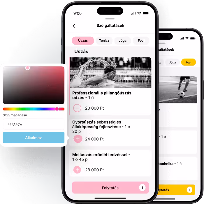 Mobilalkalmazás-felület sportedzés-szolgáltatásokhoz, színes testreszabási lehetőségekkel.