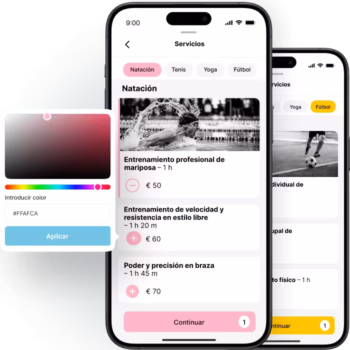 Interfaz de aplicación móvil para servicios de entrenamiento deportivo con opciones de personalización del color.