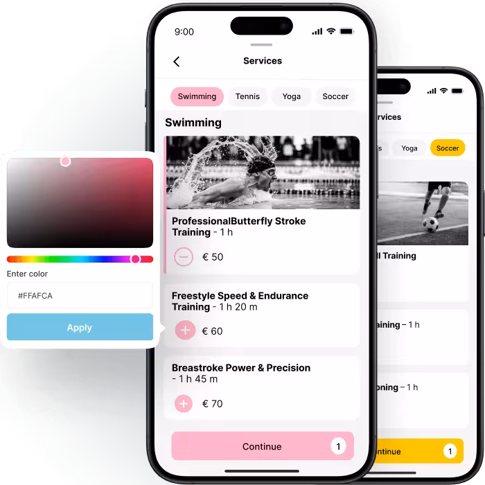 Mobilalkalmazás-felület sportedzés-szolgáltatásokhoz, színes testreszabási lehetőségekkel.