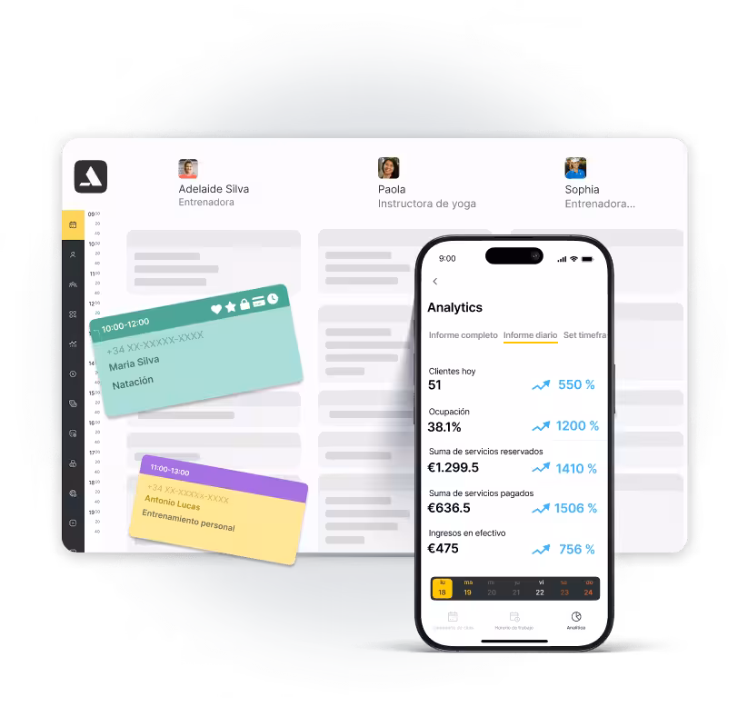 Panel de control que muestra los horarios y los análisis de los entrenadores en un dispositivo móvil.