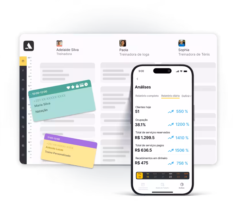 Painel de controle que exibe as programações e análises dos instrutores em um dispositivo móvel.