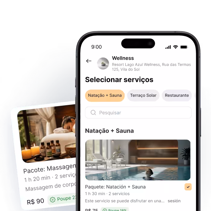 Interface de aplicativo móvel para serviços de bem-estar, incluindo opções de natação e sauna.