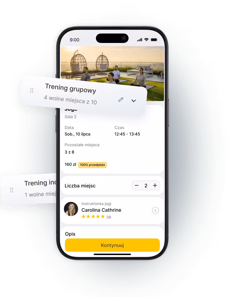 Interfejs aplikacji mobilnej pokazujący opcje treningu grupowego i indywidualnego wraz z dostępnymi miejscami i danymi instruktora.