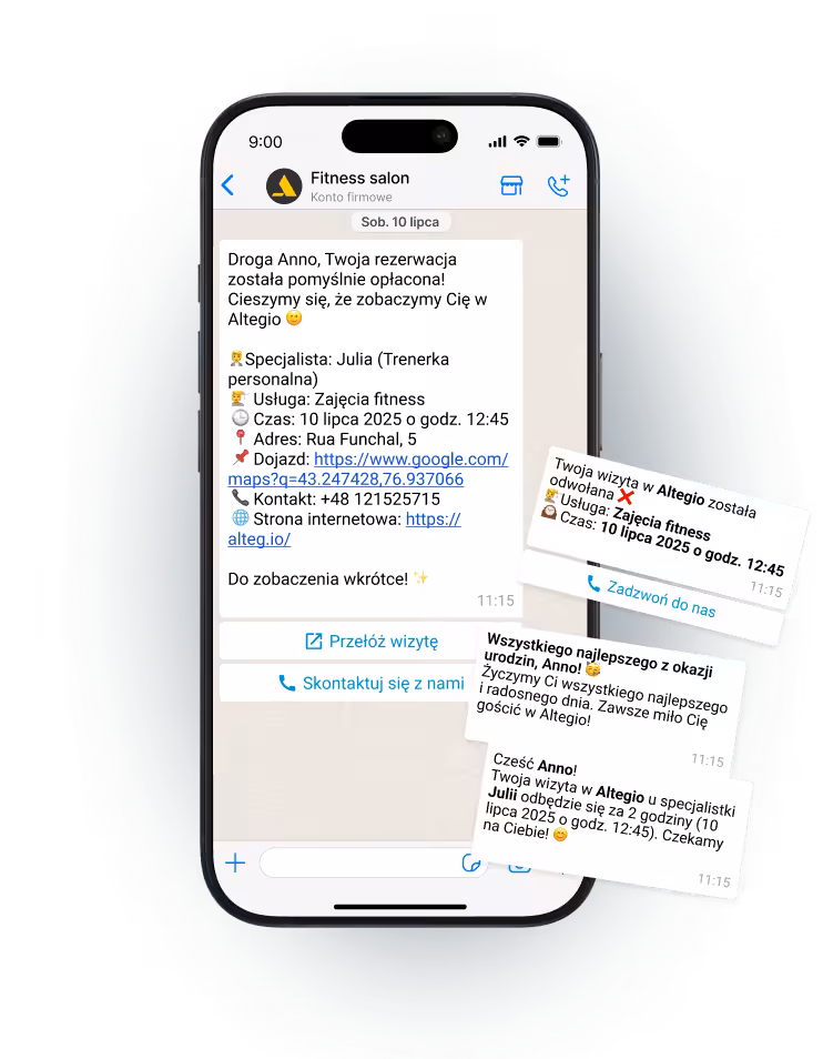 Telefon komórkowy wyświetlający powiadomienia o wizytach w salonie fitness.