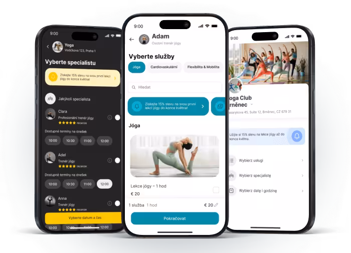 Rozhraní mobilní aplikace pro rezervaci lekcí jógy s trenéry a službami.