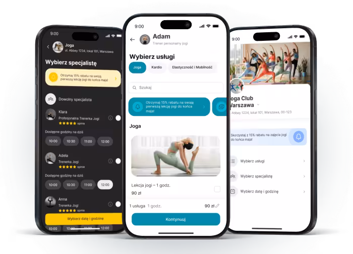 Interfejs aplikacji mobilnej do rezerwacji zajęć jogi z trenerami i usługami.
