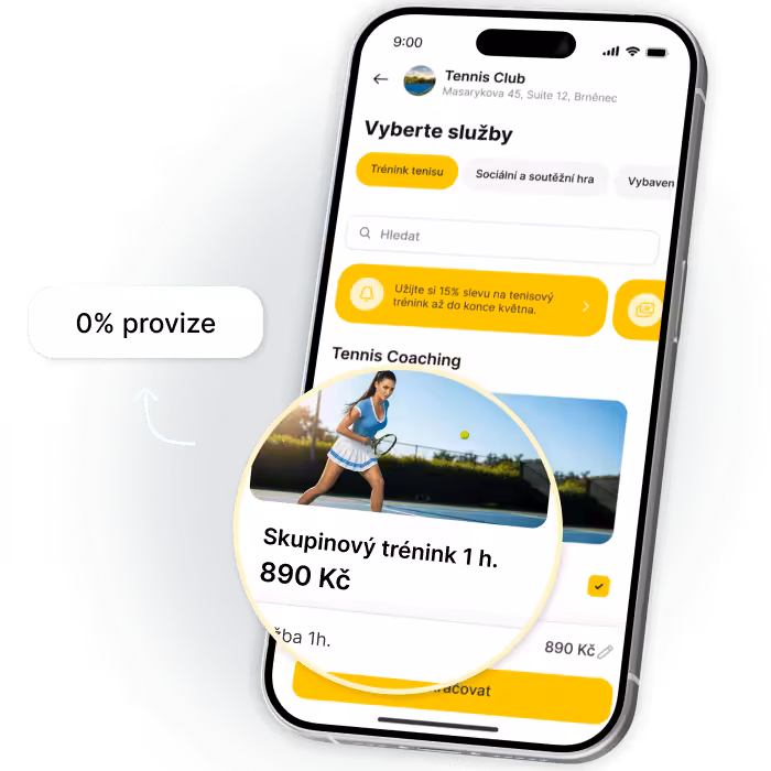 Rozhraní mobilní aplikace pro tenisový klub zobrazující trenérské služby a ceny
