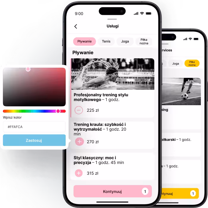 Interfejs aplikacji mobilnej dla usług treningu sportowego z opcjami dostosowywania kolorów.