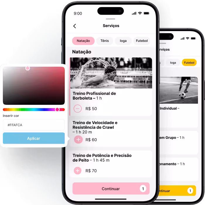 Interface de aplicativo móvel para serviços de treinamento esportivo com opções de personalização de cores.