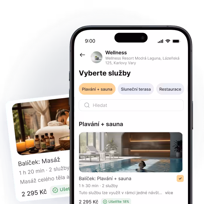 Rozhraní mobilní aplikace pro wellness služby včetně možnosti plavání a saunování.