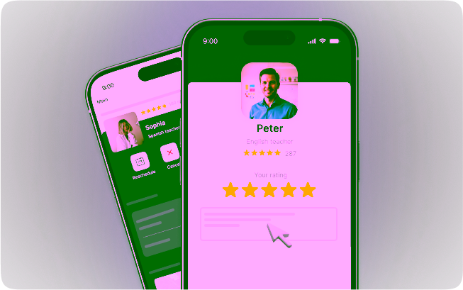 Інтерфейс мобільного додатку, що показує профілі викладачів іноземних мов з рейтингом.