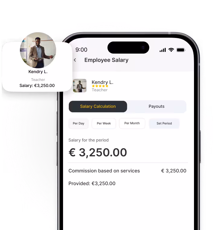 Mobile app interface displaying employee salary details for Kendry L.