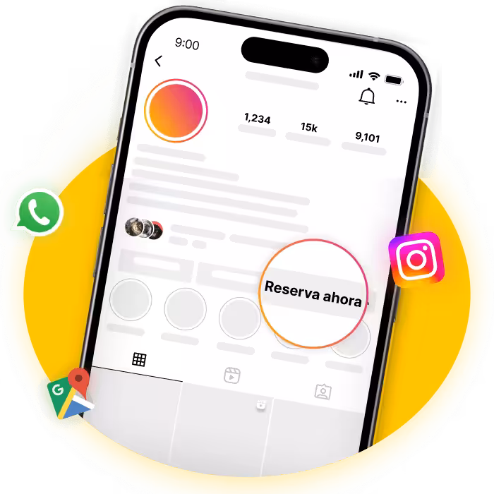 Smartphone que muestra un perfil de redes sociales con un botón 'Reservar ahora' y varios iconos de aplicaciones.