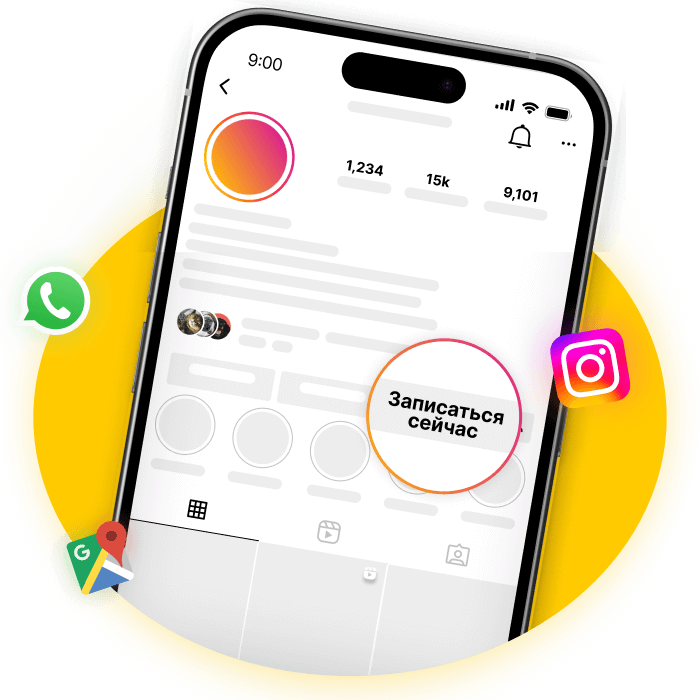 Smartphone displaying a social media profile with a 'Book Now' button and various app icons.