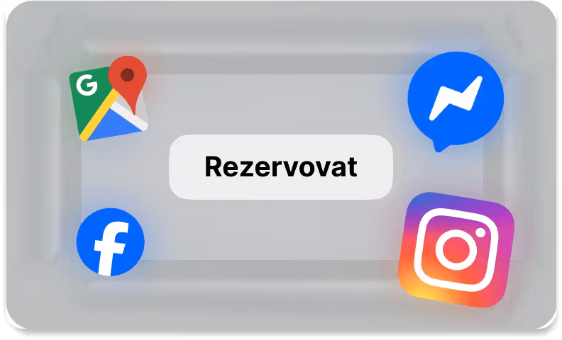 Grafika s ikonami sociálních médií a tlačítkem 'Rezervovat nyní'.