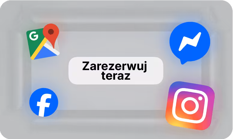 Grafika z ikonami mediów społecznościowych i przyciskiem 'Zarezerwuj teraz'.