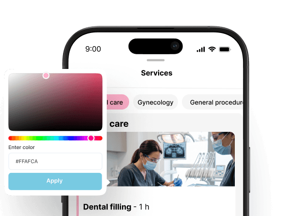smartphone displaying a services app a color picker popover with hex input &apos#fafca&apos and apply button over a &aposservices&apos list with dental care image | altegio | altegio