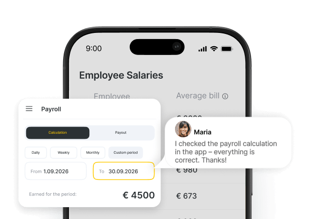 mobile payroll app screen showing employee salaries with a salary card €4500 and a chat bubble from maria confirming payroll accuracy | altegio