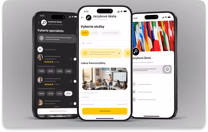 Rozhraní mobilní aplikace zobrazující profily učitelů jazyků s hodnocením.