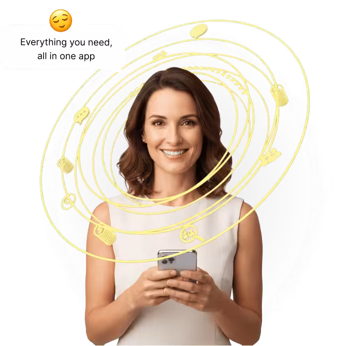 A woman smiling while holding a smartphone, surrounded by icons representing various app features.