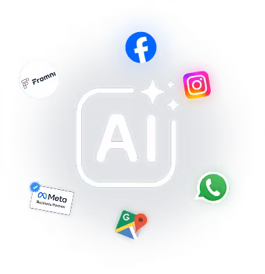 Логотип Kommo з іконками соціальних мереж та текстом зі штучним інтелектом