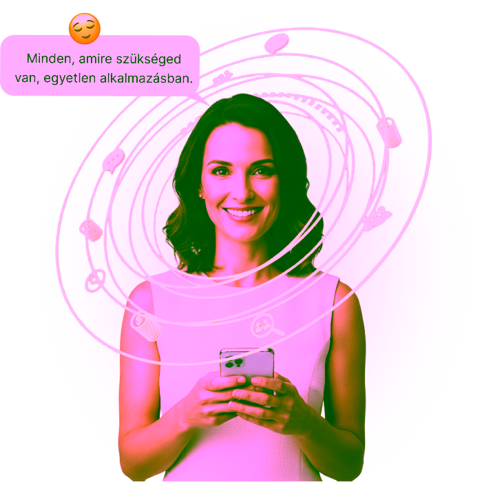Egy nő mosolyog, miközben egy okostelefont tart, körülötte különböző alkalmazásfunkciókat ábrázoló ikonokkal.