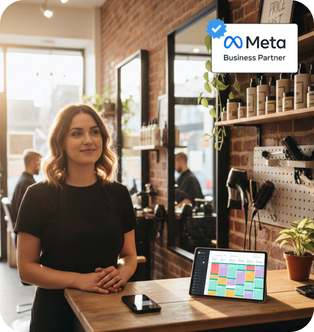 Barista sorridente em pé atrás de um balcão de madeira em uma loja com paredes de tijolos, mostrando um calendário e um crachá de meta parceiro de negócios no canto | altegio | altegio