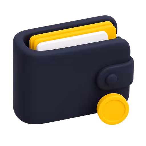 dark navy wallet with stacked yellow and white cards and a yellow coin attached to the side in a 3d rendered style | altegio | altegio
