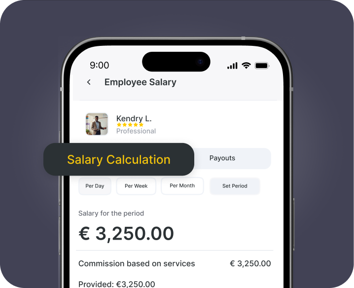 schermata dell'app mobile intitolata “Stipendio dipendente” che mostra un'area dedicata al calcolo dello stipendio con opzioni quali “al giorno” e “a settimana” e un importo pari a 325.000 € | altegio | altegio