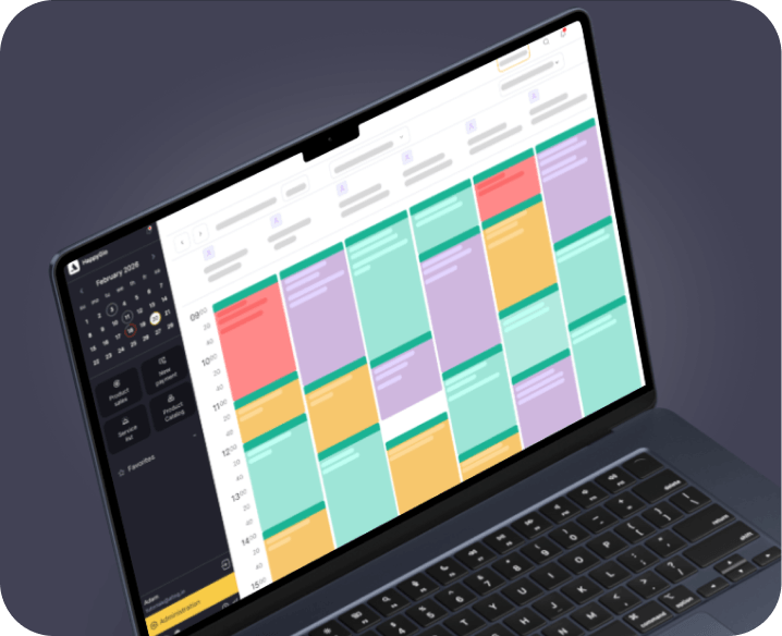 laptop tilted on a dark background showing a colorful multi column calendar with time slots and events in pastel blocks calendar app | altegio | altegio