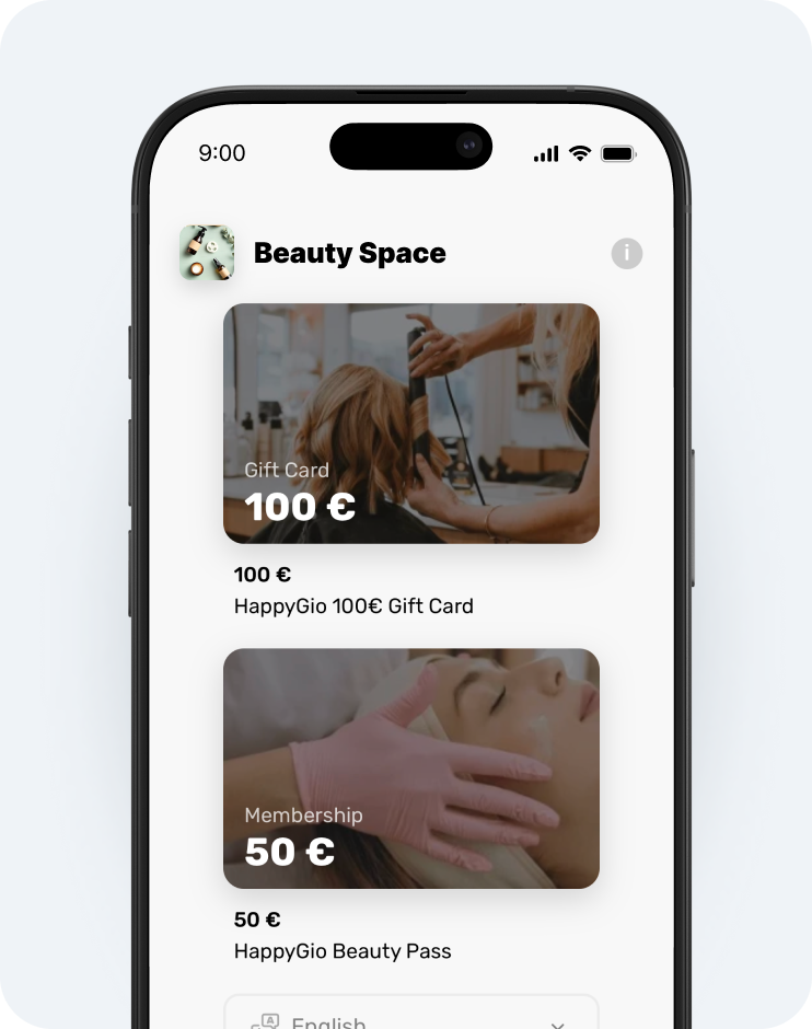 schermata dell'app mobile per Beauty Space che mostra due buoni regalo arrotondati: un buono da 100 € e un abbonamento da 50 € | altegio | altegio