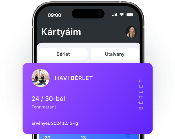 mobil képernyő címe &aposmy cards&apos tagsággal és ajándékkártyákkal lapok egy lila havi bérlet kártya átfedi az ui-t | altegio | altegio