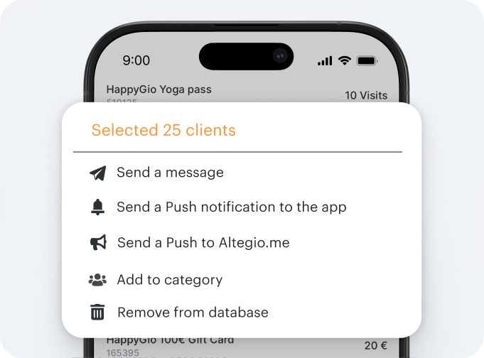 schermata che mostra un modal mobile intitolato “25 clienti selezionati” con le seguenti opzioni: invia un messaggio, invia una notifica push all’app, invia una notifica push ad Altegio, aggiungi alla categoria, rimuovi dal database | Altegio | Altegio