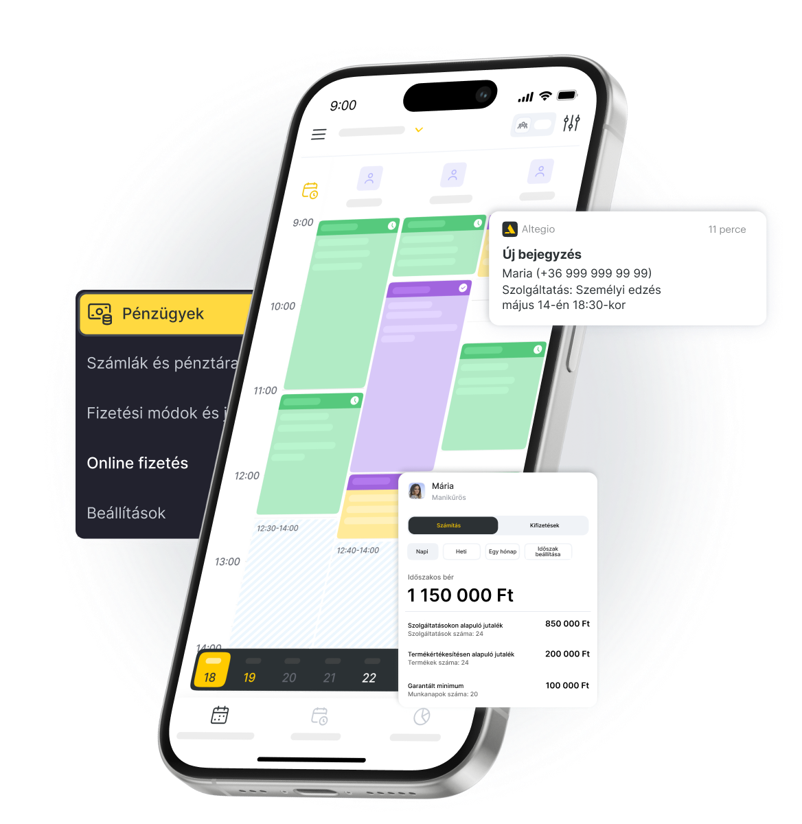 mobil bérszámfejtés és naptár app ui mutatja ütemterv figyelmeztetések és bérszámfejtés részleteit | altegio | altegio