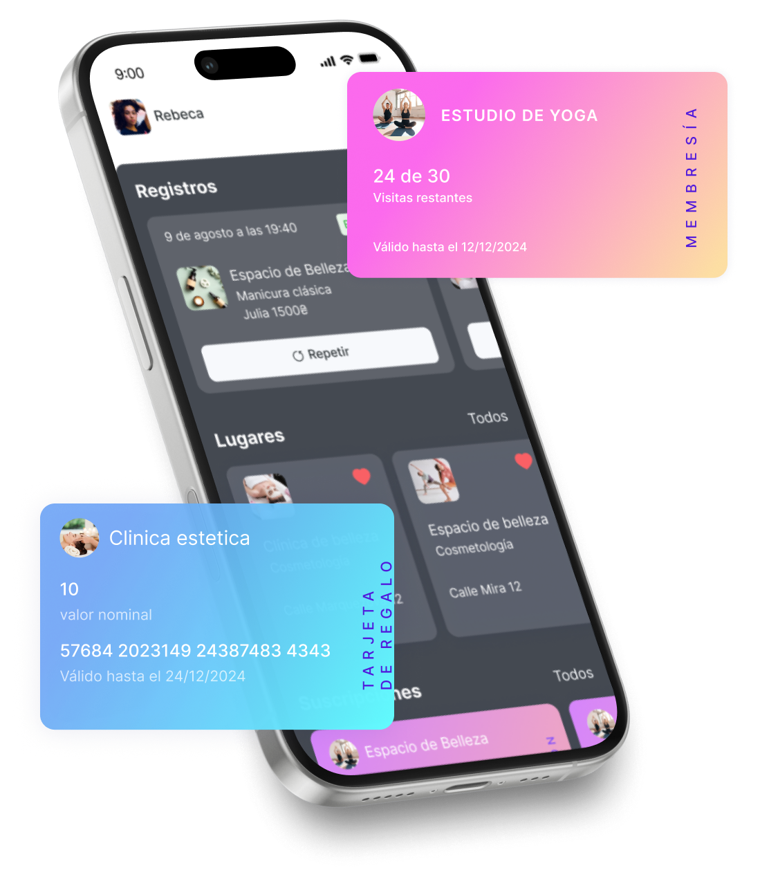 pantalla de smartphone mostrando una aplicación con tema oscuro mostrando lugares de reserva y tarjetas de colores flotantes para una membresía de un estudio de yoga y una tarjeta de regalo de una clínica estética | altegio | altegio