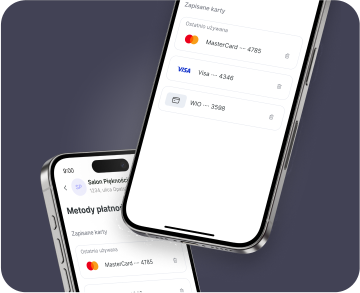 dwa przechylone smartfony pokazują ekran aplikacji płatniczej z zapisanymi kartami mastercard z końcówką 4785, visa z końcówką 4346 i kartą z końcówką 3598 | altegio | altegio
