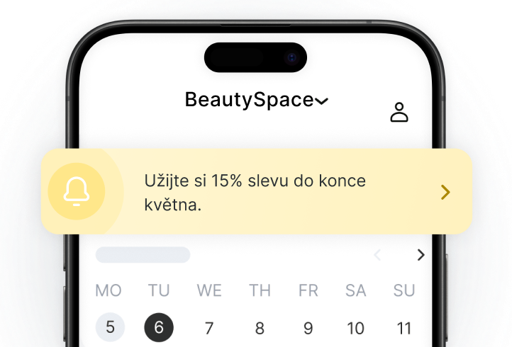 obrazovka mobilního telefonu zobrazující aplikaci beautyspace se žlutým promo bannerem s nápisem &aposenjoy a 15 discount until the end of may&apos over a calendar | altegio | altegio