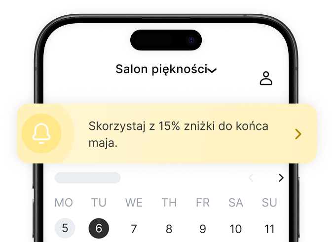 ekran telefonu komórkowego wyświetlający aplikację beautyspace z żółtym banerem promocyjnym &aposenjoy a 15 discount until the end of may&apos over a calendar | altegio | altegio
