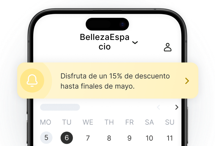 pantalla de móvil mostrando la aplicación beautyspace con un banner promocional amarillo en el que se lee &aprovecha un 15 de descuento hasta finales de mayo&apos sobre un calendario | altegio | altegio