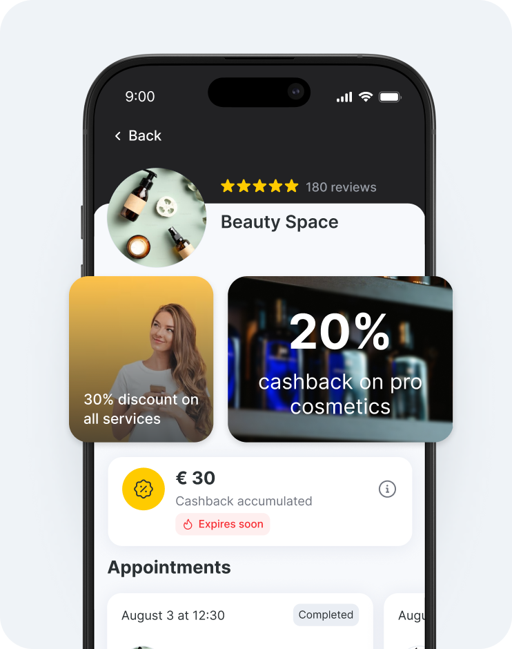 schermata dell'app mobile che mostra il profilo di Beauty Space con le schede promozionali relative a sconti e cashback sovrapposte e una sezione dedicata agli appuntamenti nella parte inferiore | altegio | altegio