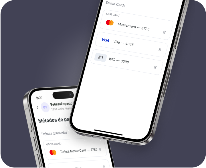 dos smartphones inclinados muestran una pantalla de aplicación de pagos con tarjetas guardadas mastercard terminación 4785 visa terminación 4346 y una tarjeta terminación 3598 | altegio | altegio