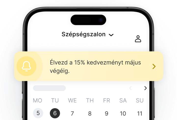 mobiltelefon képernyőjén a beautyspace alkalmazás sárga promóciós bannerrel, melyen a &aposenjoy a 15 kedvezmény május végéig&apos felirat olvasható egy naptár felett | altegio | altegio