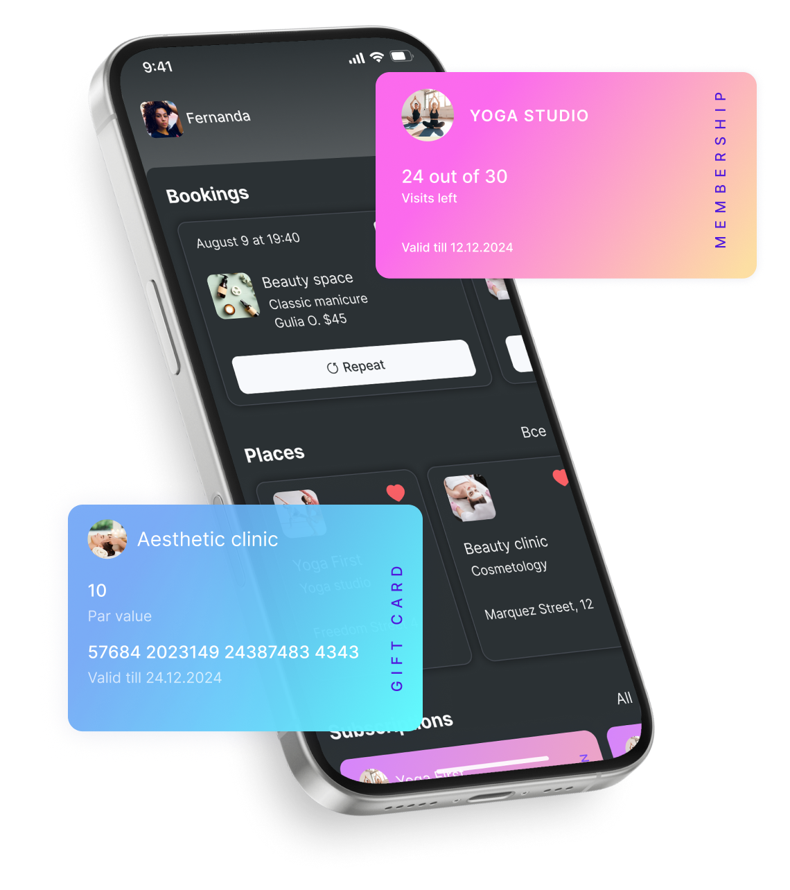 Dashboard di un'app mobile con tema scuro che mostra le prenotazioni e due colorate tessere regalo: una per uno studio di yoga con sfumatura rosa e una per una clinica estetica con sfumatura blu | altegio | altegio