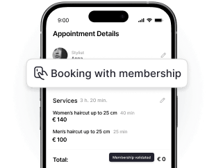 phone screen showing &aposappointment details&apos with a floating tooltip reading &aposbooking with membership&apos over a service list and a &aposmembership validated&apos button | altegio | altegio