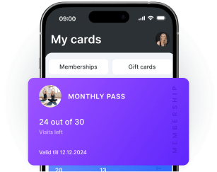 mobile screen titled &aposmy cards&apos with memberships and gift cards tabs a purple monthly pass card overlaps the ui | altegio | altegio