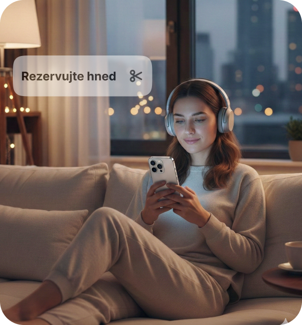 žena se sluchátky na uších sedí doma na gauči a dívá se na telefon, který překrývá průsvitné tlačítko &aposbook now&apos | altegio | altegio