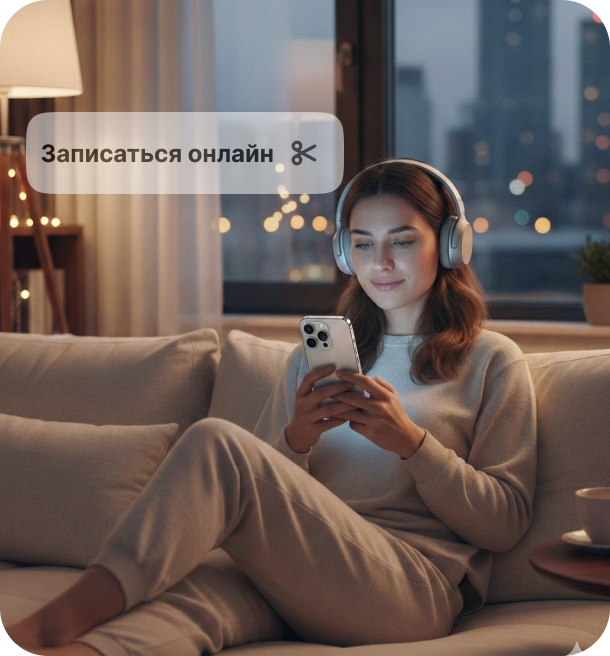 Женщина в наушниках сидит на диване дома и смотрит на свой телефон, полупрозрачная кнопка &aposbook now&apos перекрывает экран | altegio | altegio