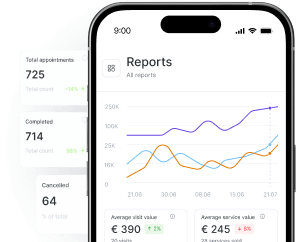 smartphone displaying a &aposreports&apos analytics dashboard with line charts and metric cards for total appointments completed and cancelled | altegio | altegio
