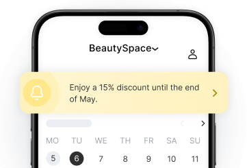 mobile phone screen displaying the beautyspace app with a yellow promo banner reading &aposenjoy a 15 discount until the end of may&apos over a calendar | altegio | altegio