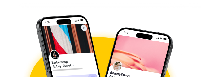 two tilted smartphones display social app profilesone for barbershop abbey street the other for beautyspace with profile photos and headers against a yellow curved backdrop | altegio | altegio